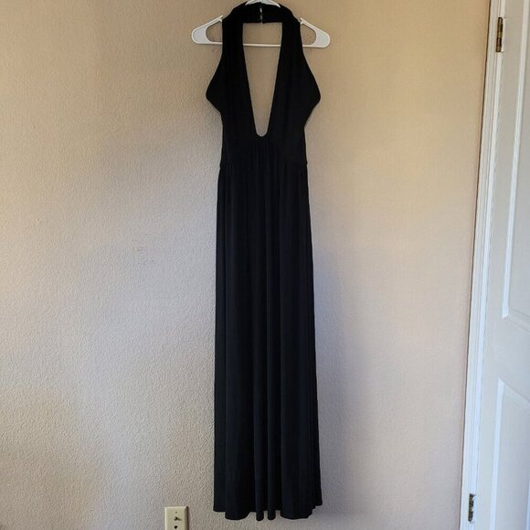 Ramy Brook Womens Black Halter Neck Plunging Long Maxi Dress Size Large Designer - Picture 1 of 8
